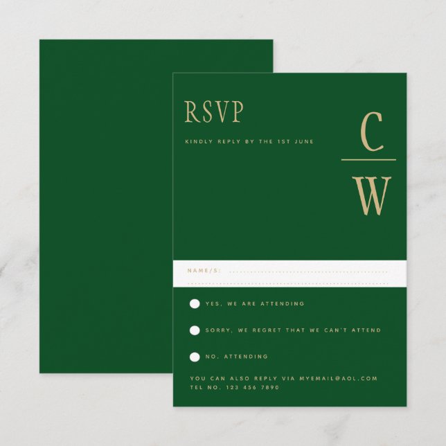 Trending Emerald Green Gold Wedding RSVP Karte (Vorne/Hinten)