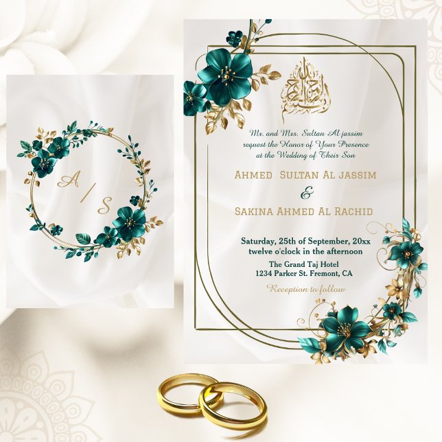 Trending Green Gold Floral Border Islamic Wedding Einladung (Von Creator hochgeladen)