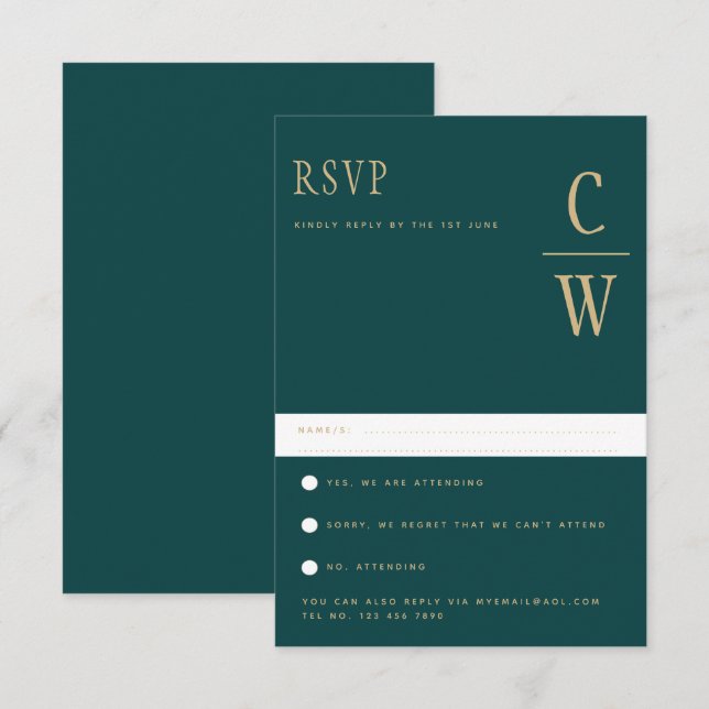 Trending Peacock AQUAMARIN Green Gold Wedding RSVP Karte (Vorne/Hinten)
