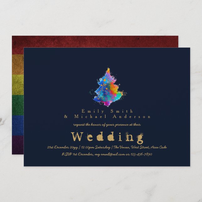 Trending Rainbow Christmas Tree LGBT Pride Wedding Einladung (Vorne/Hinten)