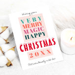 Trendmoderne große Typografie Weihnachtsgrüße Feiertagskarte<br><div class="desc">Feines Typografie-Skript und eine warme orange, aquamarin blau, Jäger grün, rosa und rot Farbpalette machen eine moderne Weihnachtsfamilie oder Unternehmen Gruß nicht Foto-Karte. Persönliche Gestaltung mit Text und Signatur in handgeschriebenem Skript! Die Karte hat eine hellrosa Farbe auf der Rückseite, sodass Sie, wenn Sie möchten, persönliche handgeschriebene Zeilen und Unterschrift...</div>