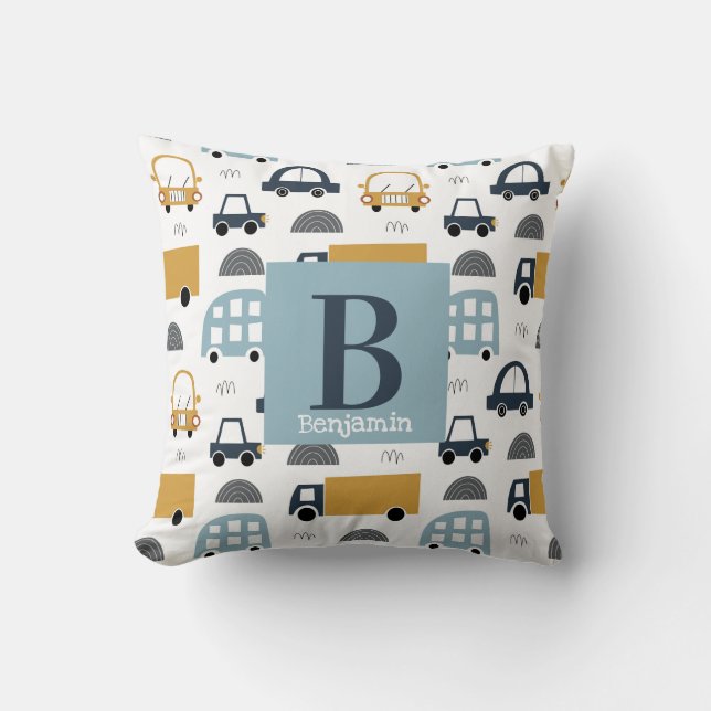 Trendpastellblau Baby Monogram Car Pattern Kissen (Vorderseite)