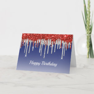 Trendred White and Blue Glitzer Tropfens Birthday Karte