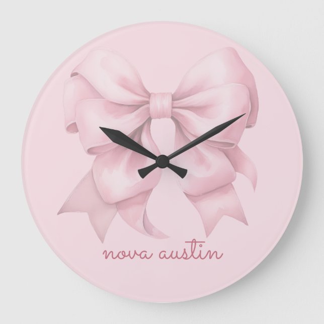 Trendrosa Bow Personalisiert mit Name Monogram Große Wanduhr (Vorderseite)