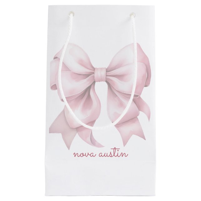 Trendrosa Bow Personalisiert mit Name Monogram Kleine Geschenktüte (Vorderseite)