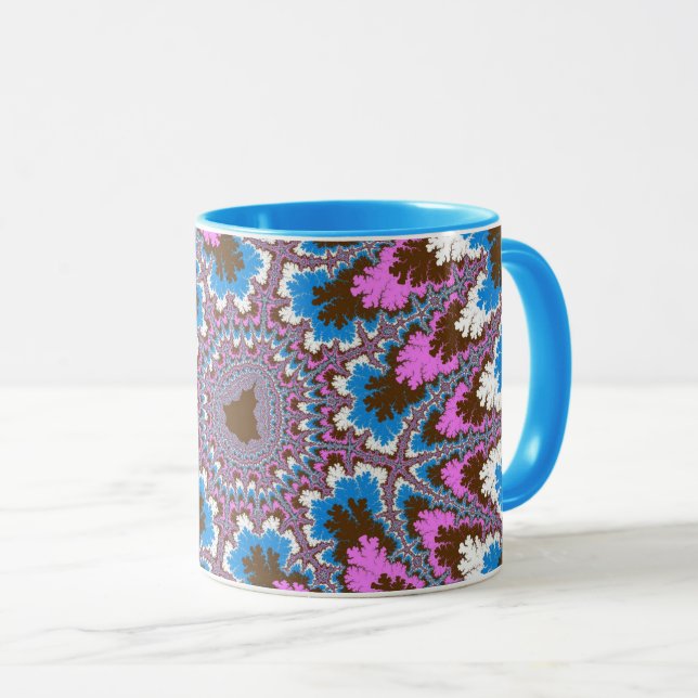 Trendrosa, braunes und hellblaues Fraktal Tasse (VorderseiteRechts)