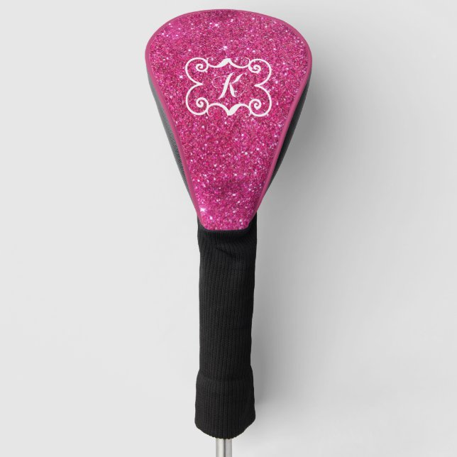 Trendrosa Glitzer Weißes Monogramm Custom Golf Headcover (Vorderseite)