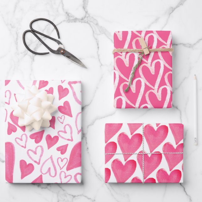 Trendrosa Herz-Valentinstag Wrapping Paper Geschenkpapier Set (Vorderseite)