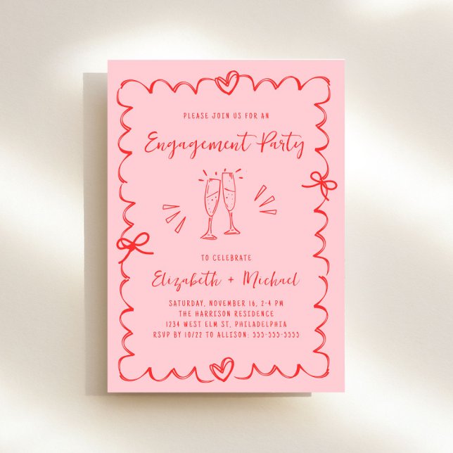 Trendrosa Red Wavy Frame Engagement Party Einladung (Whimsical pink + red engagement party invitation to set the tone for an unforgettable event)