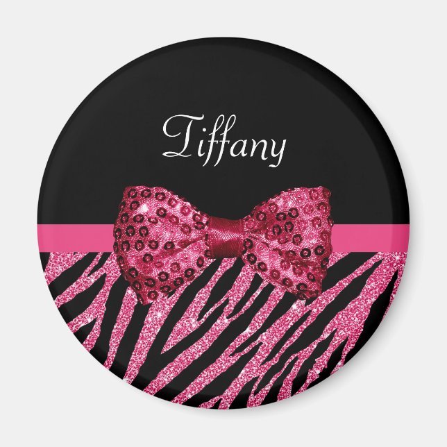 Trendrosa Zebra Print IMITATE Glitz Bow mit Namen Magnet (Vorne)