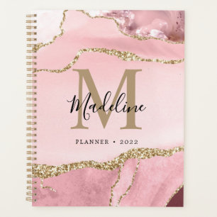Trendrot Pink Agate Geode Gold Script Monogram Planer