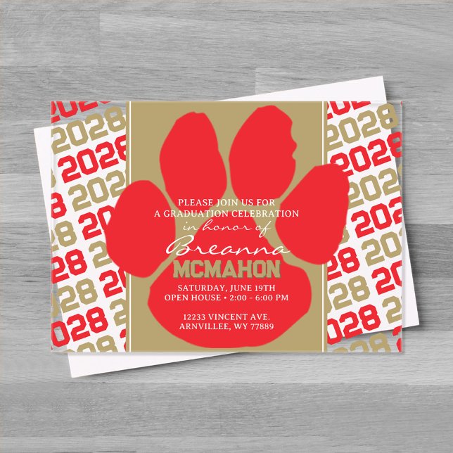 Trendrot und Bronze Gold Abschluss Pawprint Klar Acryleinladungen (Bronze Gold Red and White Frosted Acrylic Pawprint Graduation Invitation)