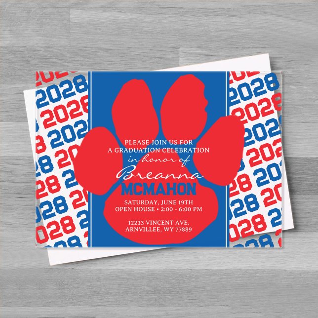Trendroter und blauer Abschluss Pawprint Clear Acryleinladungen (Blue and Red Frosted Acrylic Pawprint Graduation Invitation)