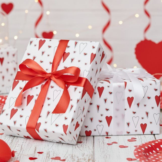 Trendrotes und Niedliches Herzmuster Geschenkpapier (Sweet Valentine's Day Wrapping Paper for Kids. Cute Fun Red Hearts & Polka Dots Pattern for Girl)