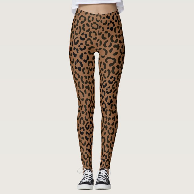 Trendschwarz auf Tan Leopard Druckmuster Leggings (Vorderseite)
