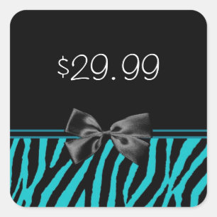 Trendschwarz und Aquamarin Zebra Print Price Tag Quadratischer Aufkleber