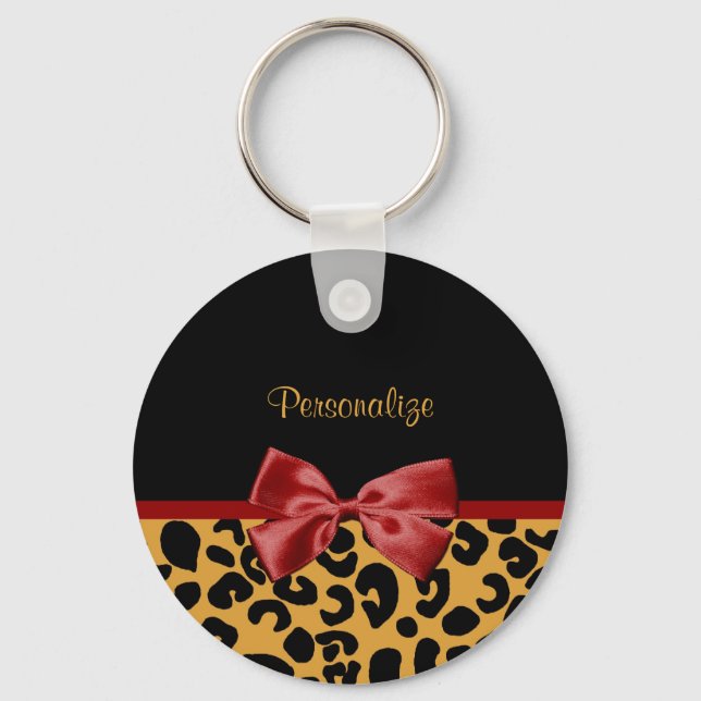Trendschwarz und Gold Leopard Print Red Ribbon Bow Schlüsselanhänger (Vorderseite)