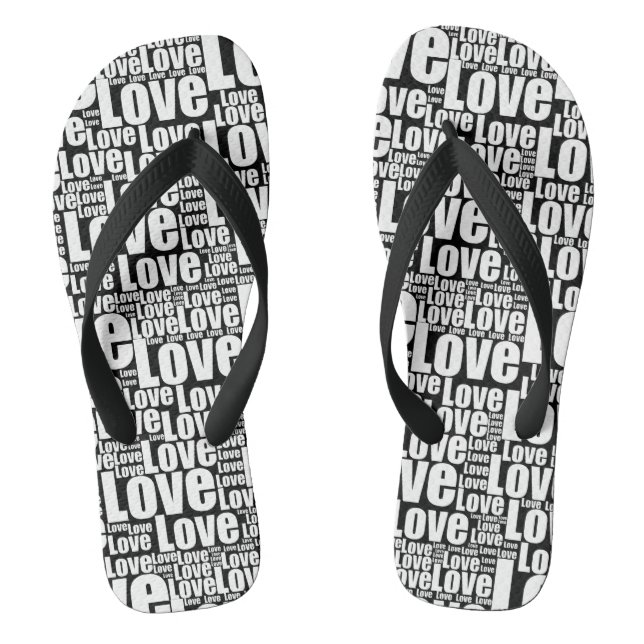 Trendschwarz-weiße Liebe Typografie Pair of Flip Flops (Fußbett)