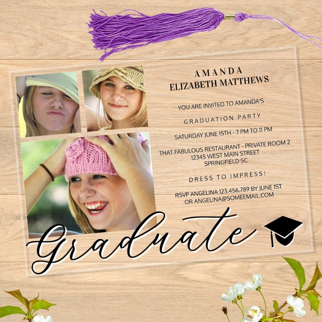 Trendskript 3 Foto Schwarzweiß-Abschluss Acryleinladungen (This three photo collage design with a girly script detail celebrates your graduate in style)