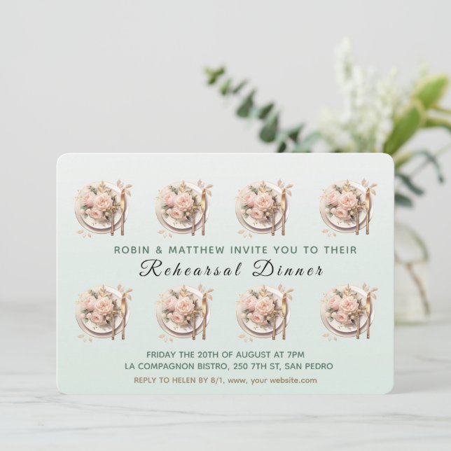 Trendtisch am Abend vor der Probe Abendessen Einladung (Stehend Vorderseite)