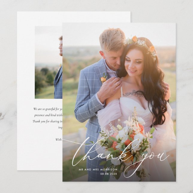 Trendweiße Kalligraphie-Hochzeit Dankeskarte (Vorne/Hinten)