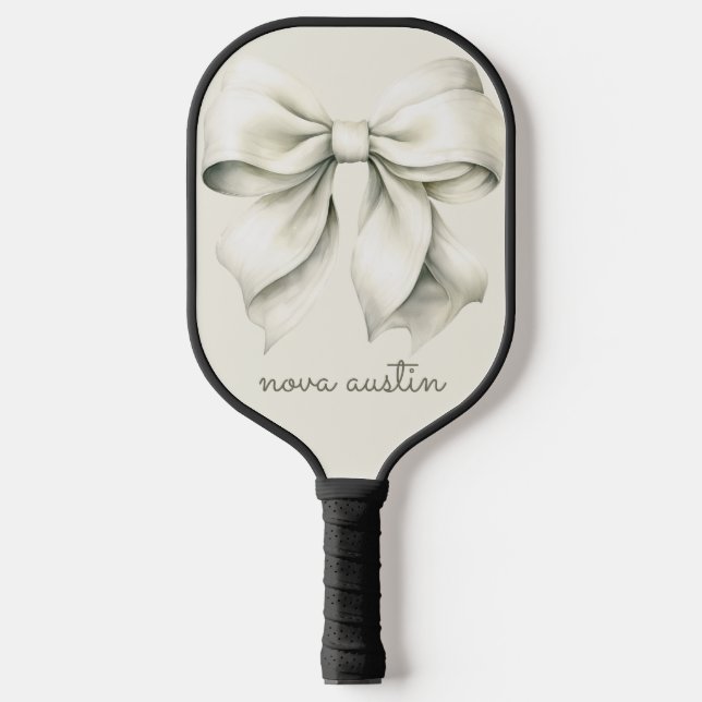 Trendweißer Bow Personalisiert mit Name Monogram Pickleball Schläger (Vorderseite)