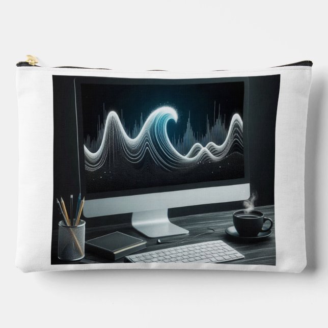 Trendwelle im PC-Monitor mit Tasse Tee Zubehörtasche (Vorderseite)