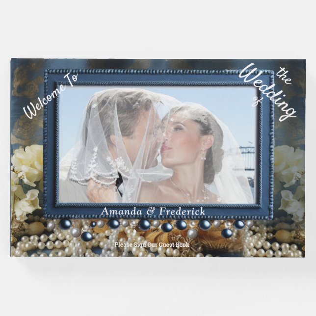 Trendy 3-D Blue Denim Print mit Kostümschmuck Gästebuch (Vorderseite)