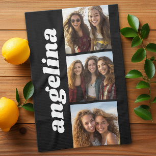 Trendy 3 Fotos mit Chunky Name - Black Geschirrtuch