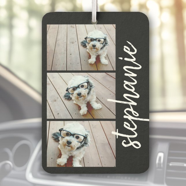 Trendy 3 Fotos Schwarz & Weiß, moderne Skriptnamen Autolufterfrischer (Custom Air Freshener with Photo Collage)
