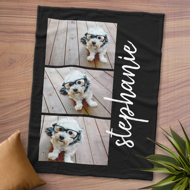 Trendy 3 Fotos Schwarz & Weiß, moderne Skriptnamen Fleecedecke (Personalized Fleece Blanket - Add Photos and Text or Customize completely in advanced design area)