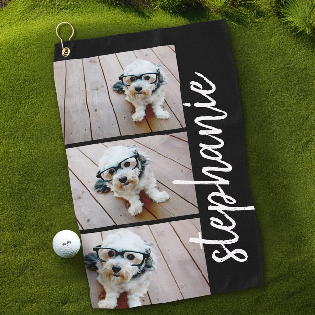 Trendy 3 Fotos schwarz - weißer, moderner Script-N Golfhandtuch (Personalized Golf Towel with Photos and Text)