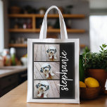 Trendy 3 Fotos Schwarz-weißer moderner Skriptname Wiederverwendbare Einkaufstasche<br><div class="desc">Verwenden Sie 3 Fotos, um ein einzigartiges und persönliches Geschenk zu kreieren. Oder man behalte den Hipster Welpe und macht einen trendigen Sake. Nutzen Sie Ihre horizontalen oder landschaftlichen Fotos für die besten Ergebnisse! Diese moderne gestapelte Collage aus Foto enthält einen rustikalen, modernen Schriftart für Ihren Namen oder anderen Text....</div>