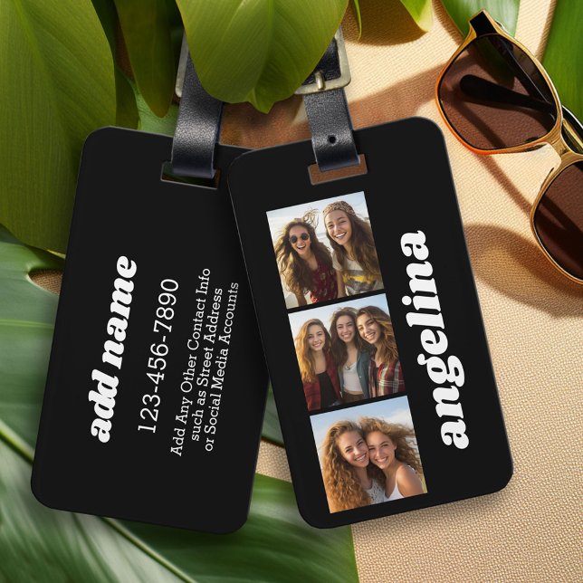 Trendy 3 Fotos und Chunky Name - Schwarz Gepäckanhänger (Personalized Luggage and Bag Tag)
