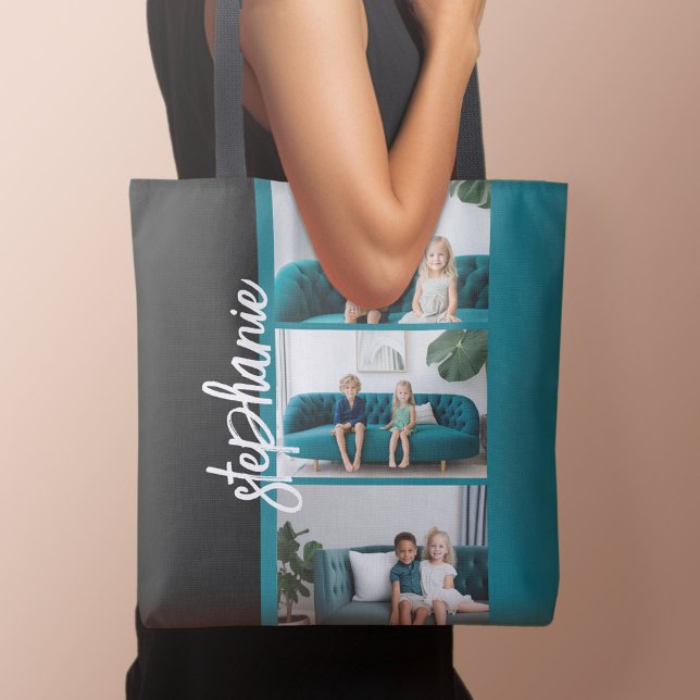 Trendy 3 Photos black & white modern script name (Personalized tote bag with photo and text)