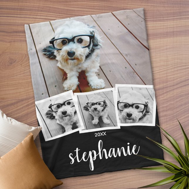 Trendy 4 Foto Collage Script Name White Black Fleecedecke (Personalized Fleece Blanket)
