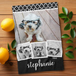 Trendy 4 Foto Collage Script Name White Black Geschirrtuch<br><div class="desc">Für dieses Design können Sie quadratische oder selbstständige Fotos verwenden. Nutzen Sie vier quadratische Fotos,  um ein einzigartiges und persönliches Geschenk zu kreieren. Oder man behalte den Hipster Welpe und macht einen trendigen Sake. Wenn Sie die Bilder anpassen müssen,  klicken Sie auf das Werkzeug anpassen,  um Änderungen vorzunehmen.</div>