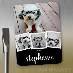 Trendy 4 Foto Collage Script Name White Black Magnet