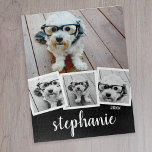 Trendy 4 Foto Collage Script Name White Black Puzzle<br><div class="desc">Für dieses Design können Sie quadratische oder selbstständige Fotos verwenden. Nutzen Sie vier quadratische Fotos,  um ein einzigartiges und persönliches Geschenk zu kreieren. Oder man behalte den Hipster Welpe und macht einen trendigen Sake. Wenn Sie die Bilder anpassen müssen,  klicken Sie auf das Werkzeug anpassen,  um Änderungen vorzunehmen.</div>