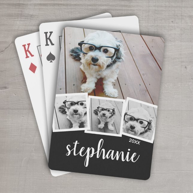 Trendy 4 Foto Collage Script Name White Black Spielkarten (Personalized Playing Cards - 6 Photo Collage)