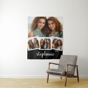 Trendy 4 Foto Collage Script Name White Black Wandteppich