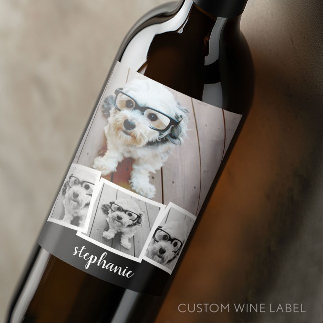 Trendy 4 Foto Collage Script Name White Black Weinetikett (Custom Wine Bottle Label - Personalize a Sticker for a fun gift or memento)
