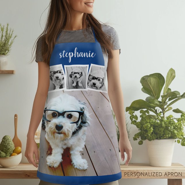 Trendy 4 Foto Collage Script Name White Blue Schürze (Personalized Apron)