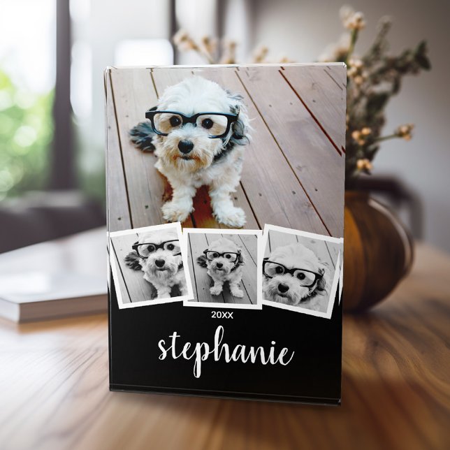 Trendy 4 pic Collage Script Name White Black Fotoblock (4 Photo Collage personalized home plaque)