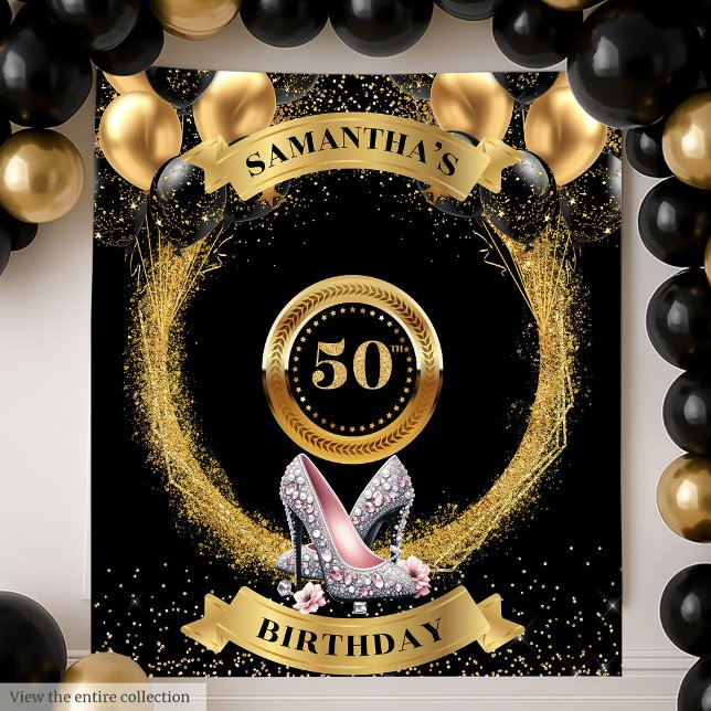 Trendy 50 Birthday Banner Sparkle Silver High Heel Wandteppich (Trendy 50 Birthday Banner Sparkle Silver High Heel Tapestry)