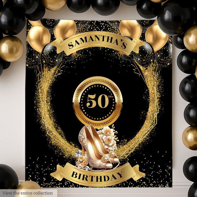 Trendy 50. Geburtstag Tapestry Balloon Gold Heelse Wandteppich (Trendy 50th Birthday Tapestry Balloon Gold Heels)