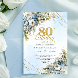 Trendy 80th Birthday Invitation Blue White Florals Einladung