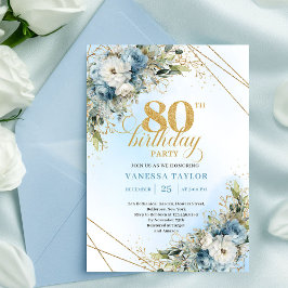 Trendy 80th Birthday Invitation Blue White Florals Einladung