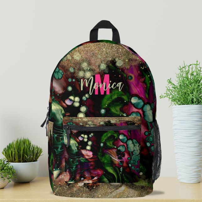 Trendy Abstrakt Bio Gold Glitterie Mit Monogramm Bedruckter Rucksack (Von Creator hochgeladen)