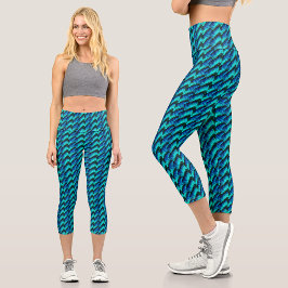 Trendy Abstrakt Geometric Angular Blue Pattern Capri Leggings